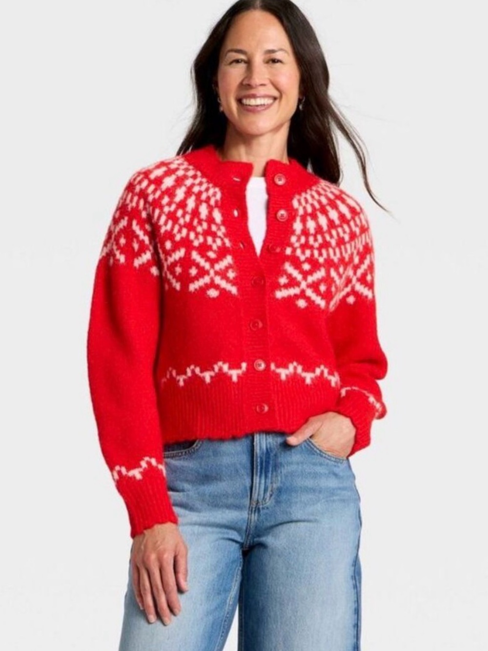 Universal Thread Merriment Fair Isle Cardigan Sweater Red White Crop M Cabincore